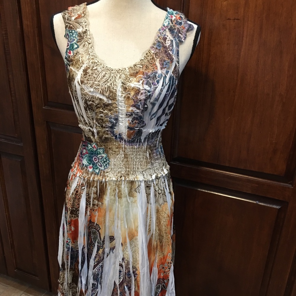 Silk blend colorful  handkerchief hem dress.